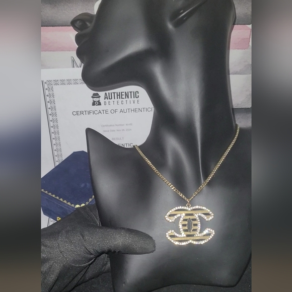 LOWSTART🚨VTG Chanel BIG CZ EnamelStripedCC PendantNecklace GoldW/COA1986,1989 - Picture 1 of 17